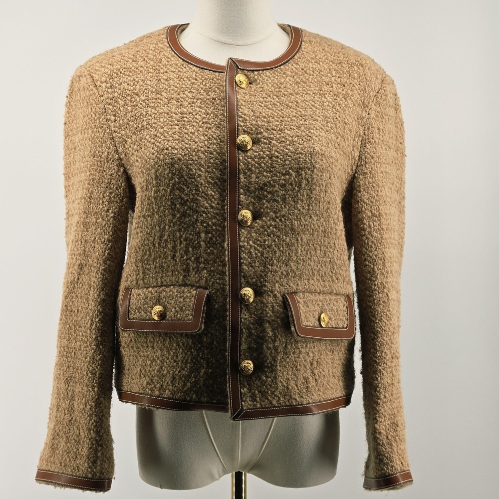 CELINE Jacket Womens 38 Beige Boucle Tweed Collarless Lined Pockets Gold Buttons